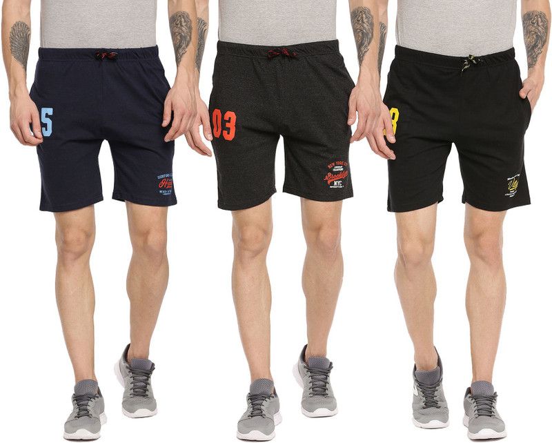 Pack of 3 Printed Men Blue, Dark Grey, Black Basic Shorts, Gym Shorts, Gym Shorts, Night Shorts