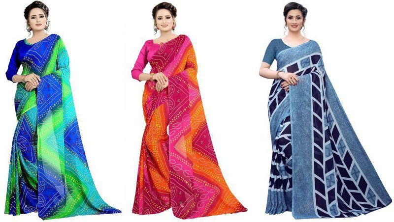 Printed Daily Wear Georgette Saree  (Pack of 3, Blue, Pink, Grey)