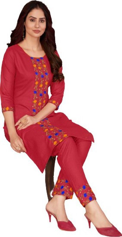 Women Embroidered Cotton Blend A-line Kurta  (Red)