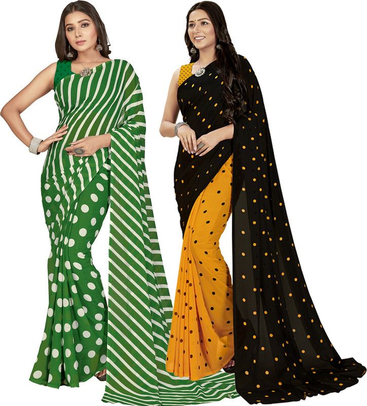 Printed, Paisley, Ombre, Striped, Geometric Print, Animal Print, Floral Print, Checkered Daily Wear Georgette Saree  (Pack of 2, Green, Black, Yellow)