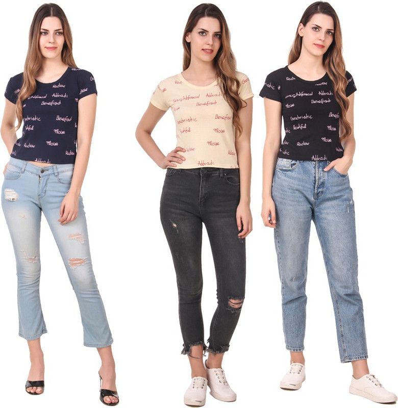 Pack of 3 Women Printed Round Neck Cotton Blend Blue, Black, Beige T-Shirt