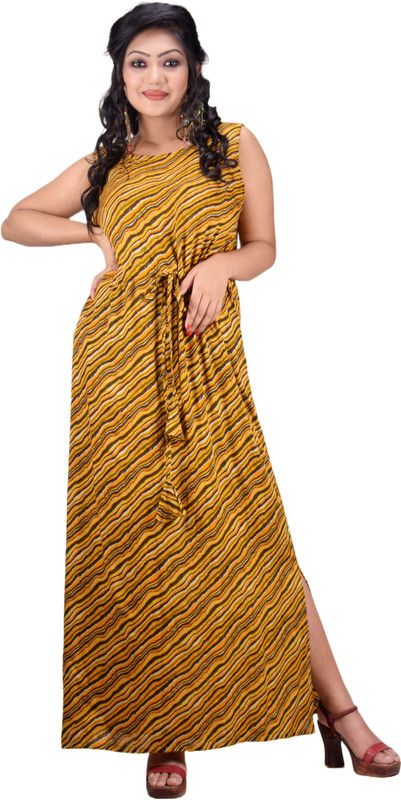 Striped Rayon Blend Stitched Straight Gown  (Yellow)