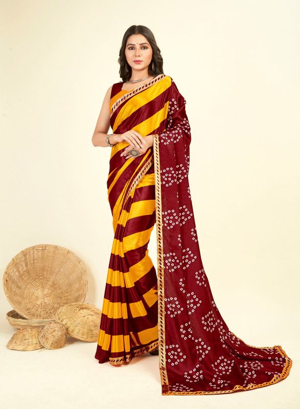 Embellished, Striped, Geometric Print Bandhani Silk Blend Saree  (Yellow, Maroon)
