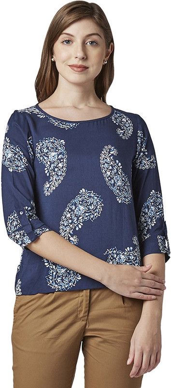 Casual Roll Up Sleeves Printed Women Dark Blue Top