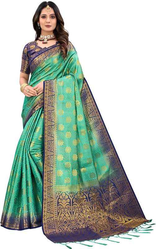 Self Design, Woven Kanjivaram Pure Silk, Art Silk Saree  (Dark Blue, Green)