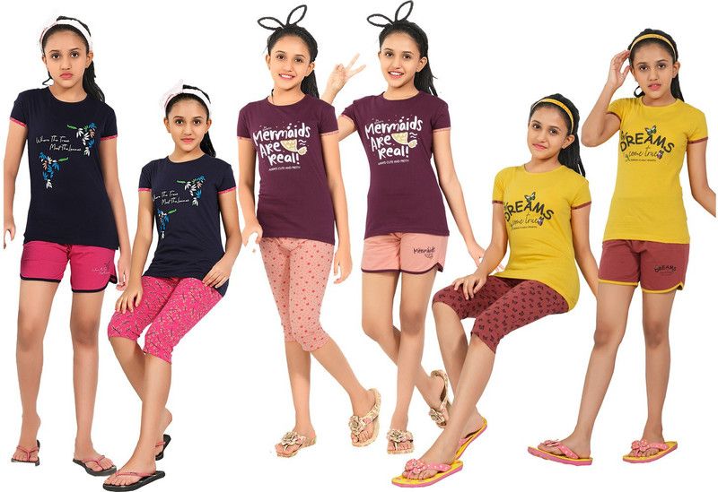 Kids Nightwear Girls Pure Cotton Top & Pyjama Set  (Pack of 3)