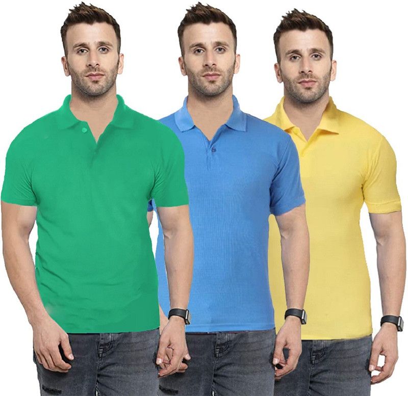 Solid Men Light Blue, Green, Yellow T-Shirt  (Pack of 3)