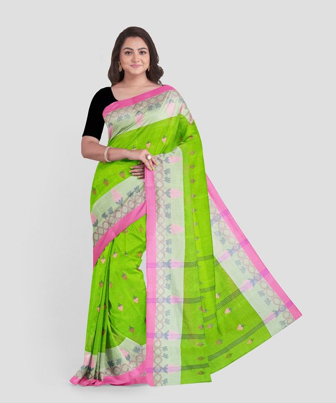 Woven Tant Pure Cotton Saree  (Light Green)