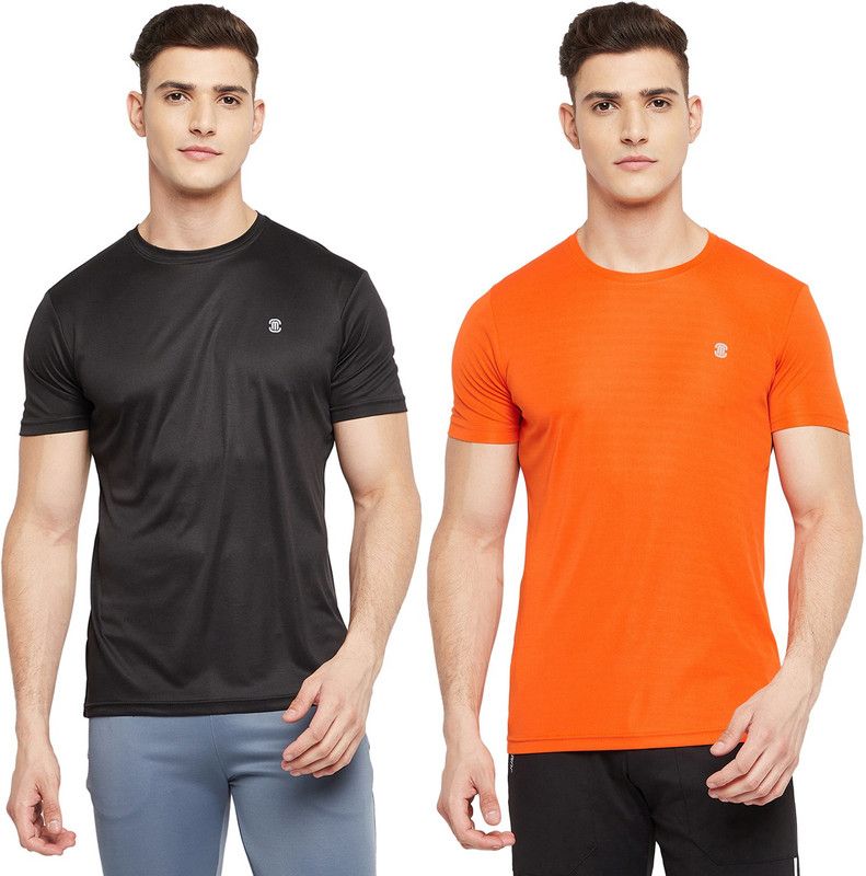 Pack of 2 Men Solid Round Neck Polyester Black, Orange T-Shirt