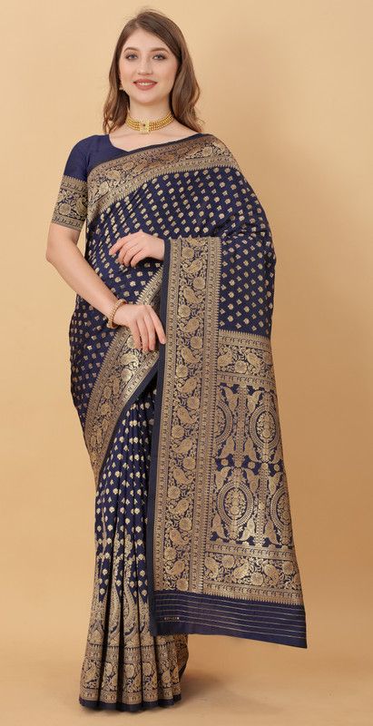 Woven Banarasi Jacquard, Pure Silk Saree  (Dark Blue)