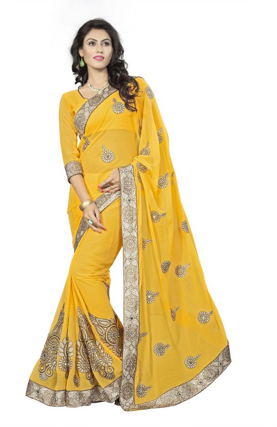 Embroidered Bollywood Handloom Georgette Saree  (Yellow)