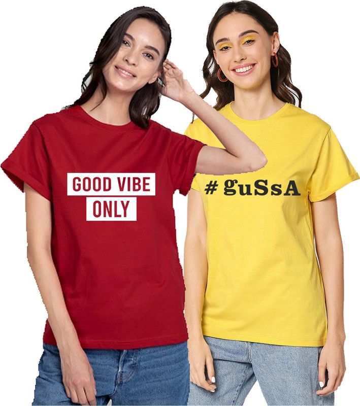 Printed Women Red, Yellow T-Shirt  (Pack of 2)