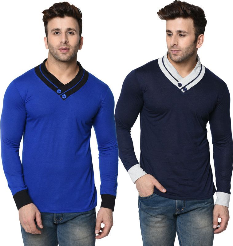 Pack of 2 Men Colorblock Shawl Neck Cotton Blend Dark Blue, Blue T-Shirt