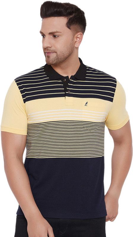 Men Striped Polo Neck Cotton Blend Beige T-Shirt