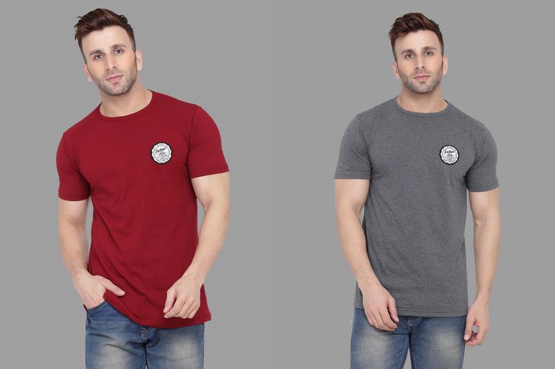 Pack of 2 Men Solid Round Neck Cotton Blend Maroon, Grey T-Shirt