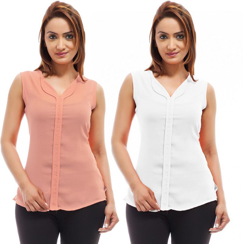Pack of 2 Casual Sleeveless Solid Women Red, White Top