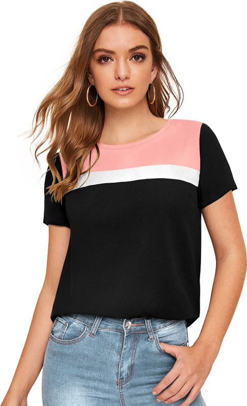 Casual Regular Sleeves Color Block Women White, Black, Pink Top