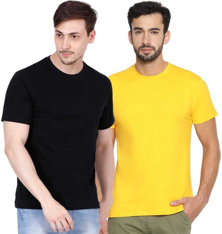 Pack of 2 Men Solid Round Neck Cotton Blend Black, Yellow T-Shirt