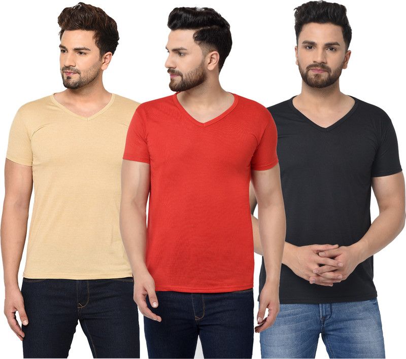 Pack of 3 V neck Combo T-shirts Multicolor Men Solid V Neck Cotton Blend Red, Black, Beige T-Shirt