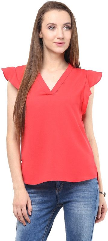 Party Cap Sleeves Solid Women Orange Top