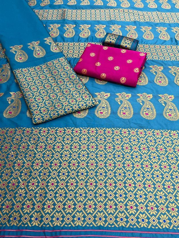 Woven Mekhela Chador Silk Blend Saree  (Light Blue, Pink)
