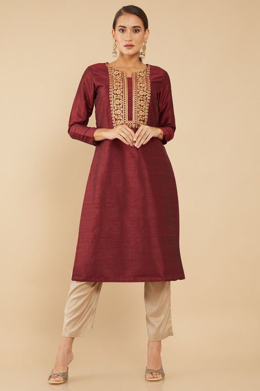 Women Applique, Solid Pure Silk Straight Kurta  (Maroon)