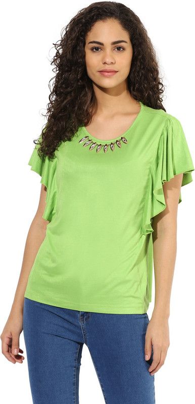 Party Butterfly Sleeves Embellished Women Green Top