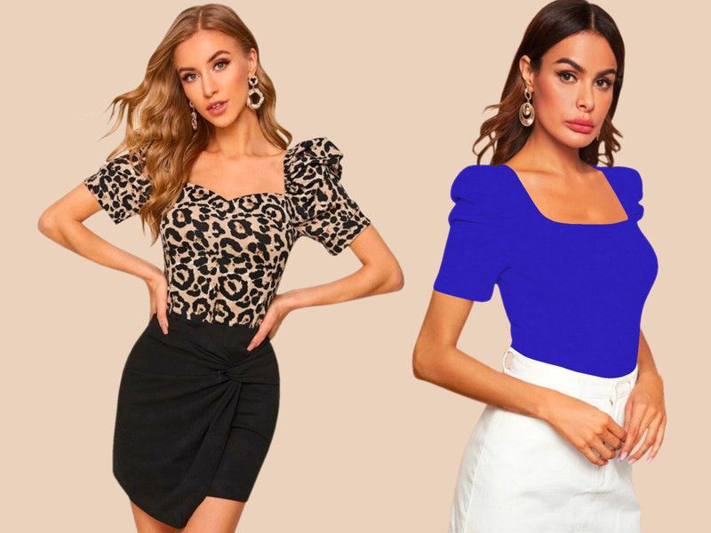 Pack of 2 Casual Regular Sleeves Printed, Solid Women Blue, Black, Beige Top