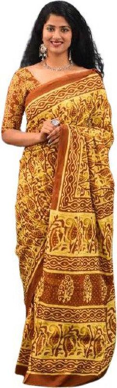 Printed, Self Design, Digital Print, Hand Painted, Blocked Printed Ikkat Pure Cotton Saree  (Mustard)