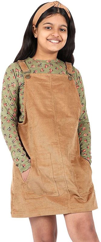 Girls Below Knee Casual Dress  (Brown, Full Sleeve)