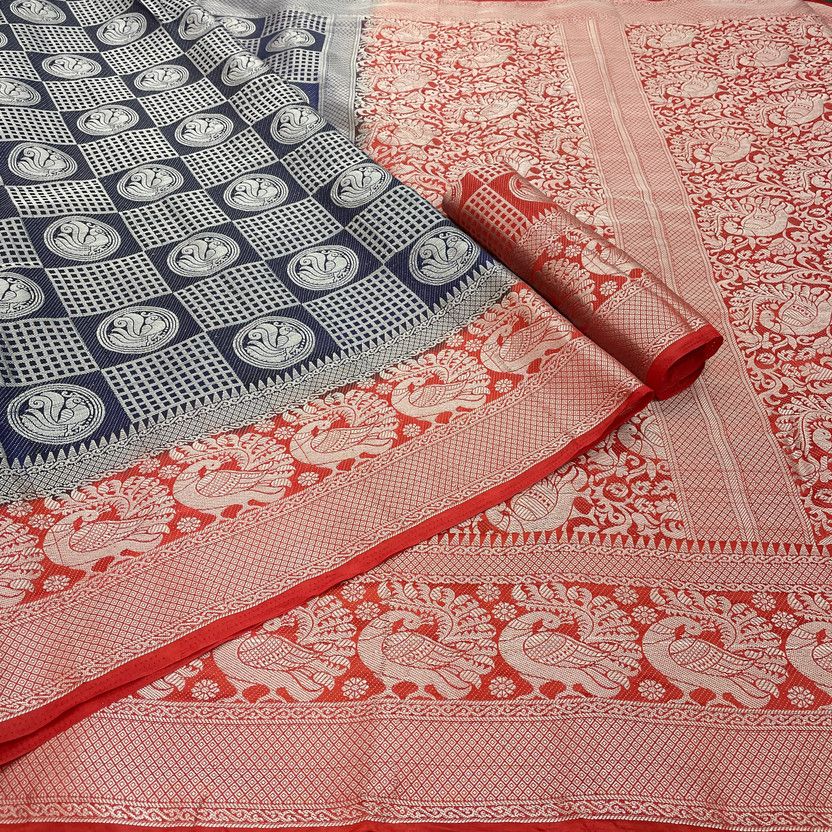 Self Design, Woven Kanjivaram Jacquard, Cotton Silk Saree  (Dark Blue, Red)