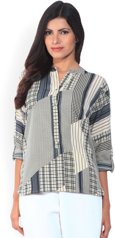 Casual Roll Up Sleeves Printed Women Blue, Black, Beige Top