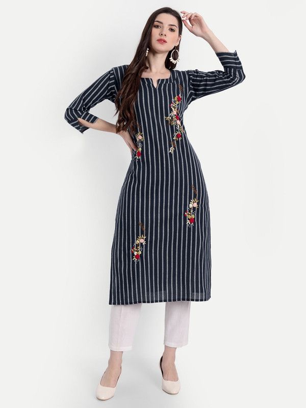 Women Striped Khadi Cotton Straight Kurta  (Blue)