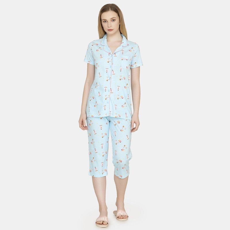 Women Top & Capri Set Blue Printed