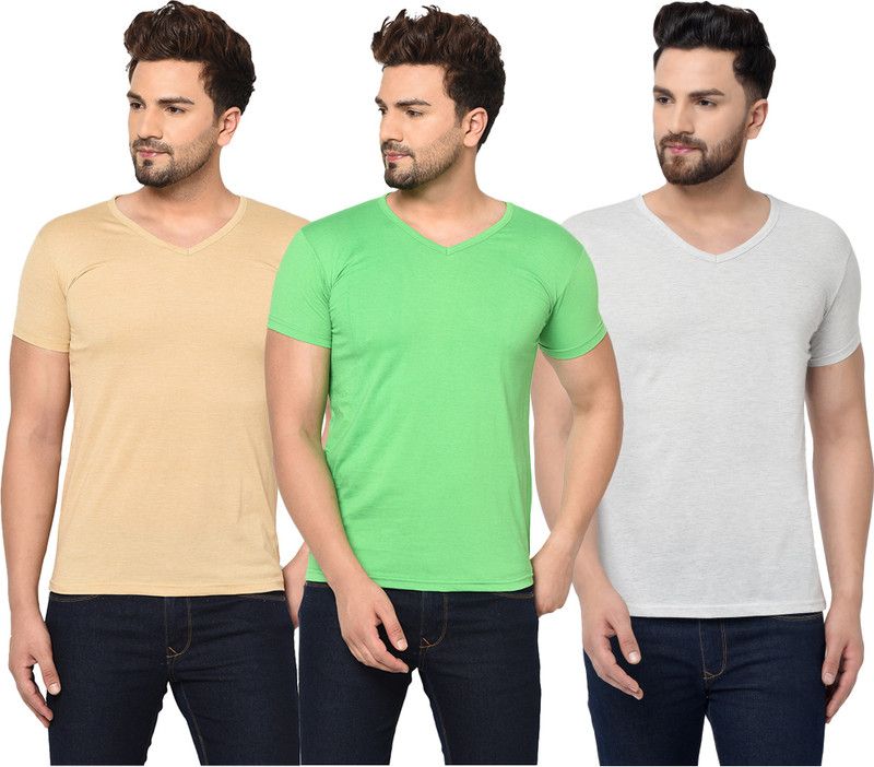 Pack of 3 Men Solid V Neck Cotton Blend Green, Beige, Grey T-Shirt