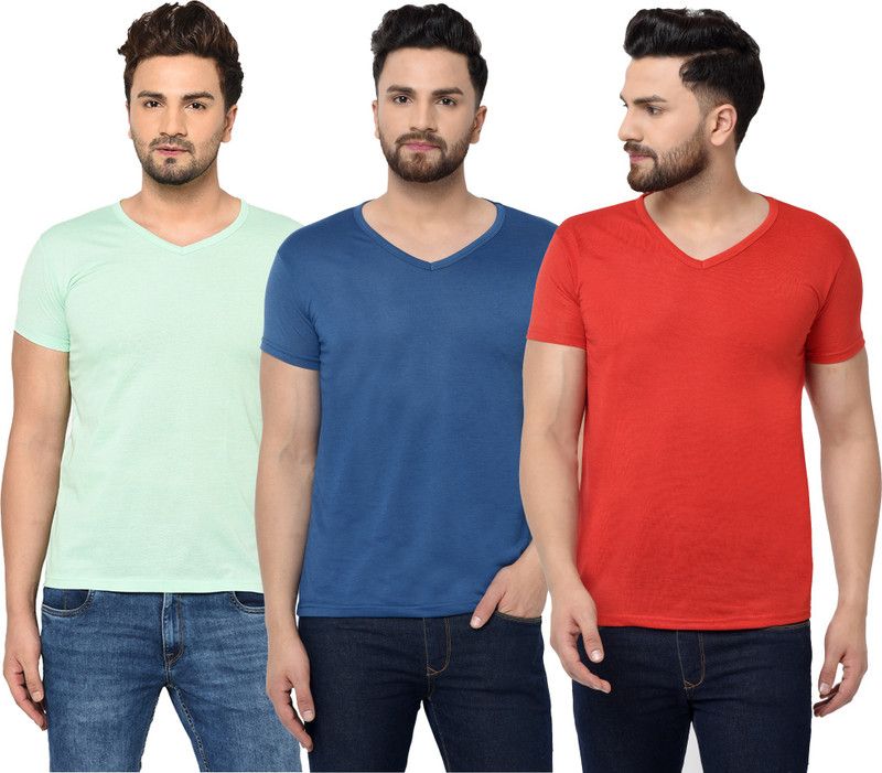 Pack of 3 V neck Combo T-shirts Multicolor Men Solid V Neck Cotton Blend Dark Blue, Red, Light Green T-Shirt