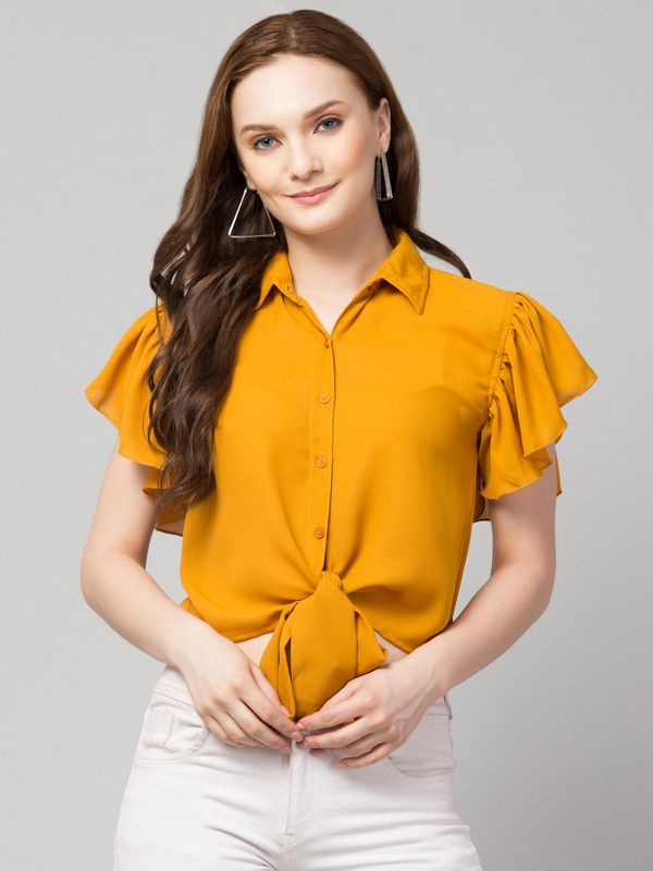 Casual Flared Sleeves Solid Women Gold Top
