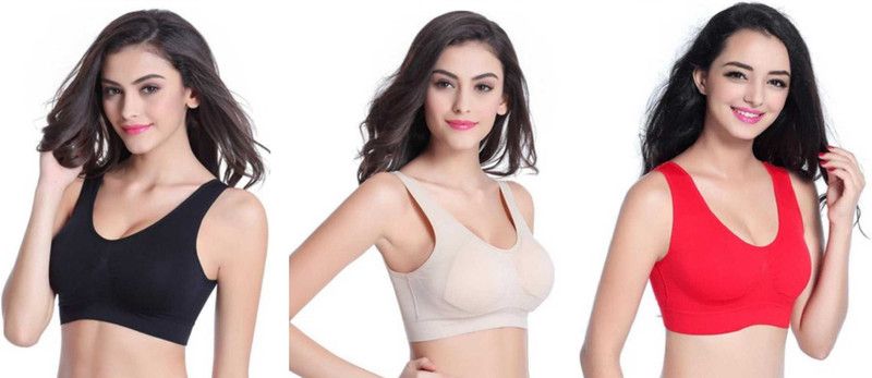 Pack of 3 Women Sports Non Padded Bra  (Black, Beige, Red)