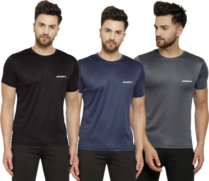 Pack of 3 Men Solid Round Neck Polyester Black, Grey, Navy Blue T-Shirt