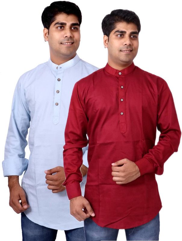 Pack of 2 Men Solid Cotton Blend Straight Kurta  (Maroon, Light Blue)