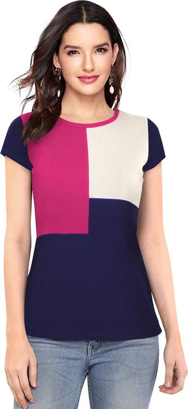 Casual Cap Sleeves Color Block Women Pink Top