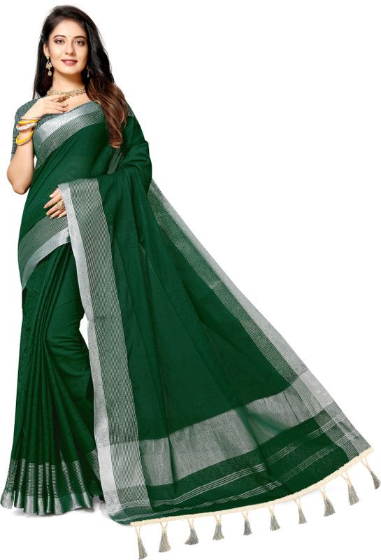 Woven Bollywood Pure Cotton Saree  (Dark Green)