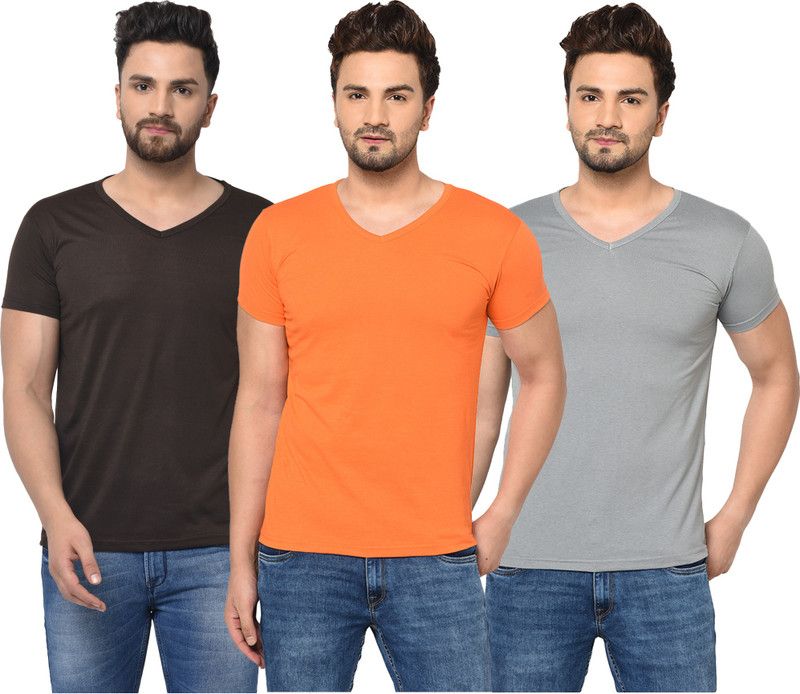 Pack of 3 V neck Combo T-shirts Men Solid V Neck Cotton Blend Brown, Orange, Grey T-Shirt
