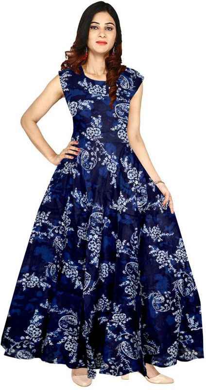 Women Fit and Flare Dark Blue, White, Blue Dress
