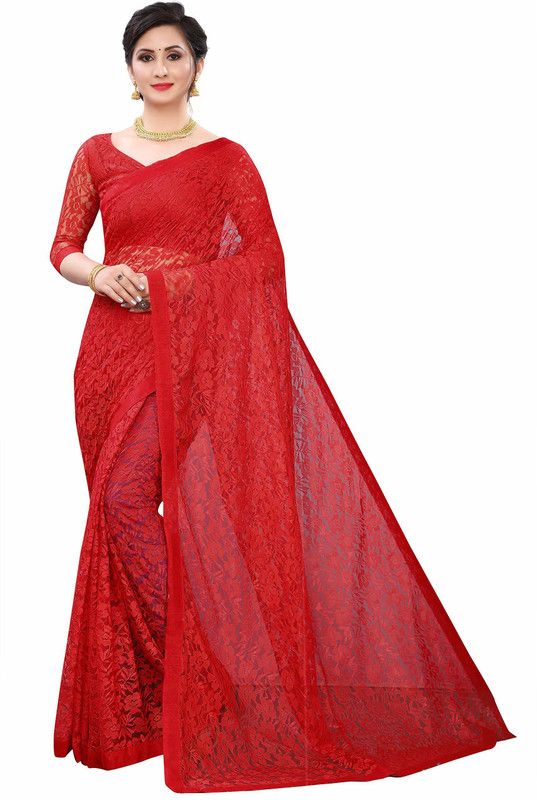 Solid/Plain Bollywood Net, Jacquard Saree  (Red)