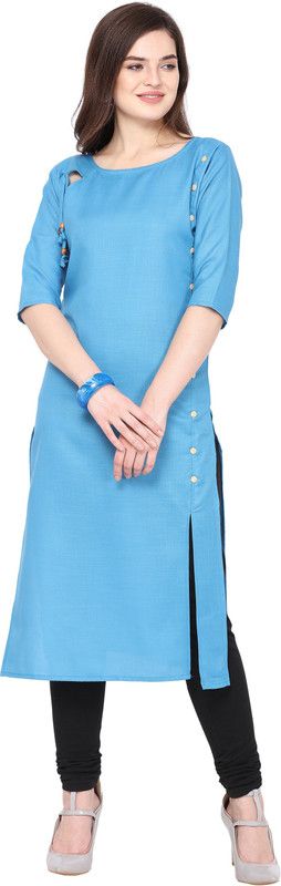 Women Solid Cotton Blend Frontslit Kurta  (Light Blue)