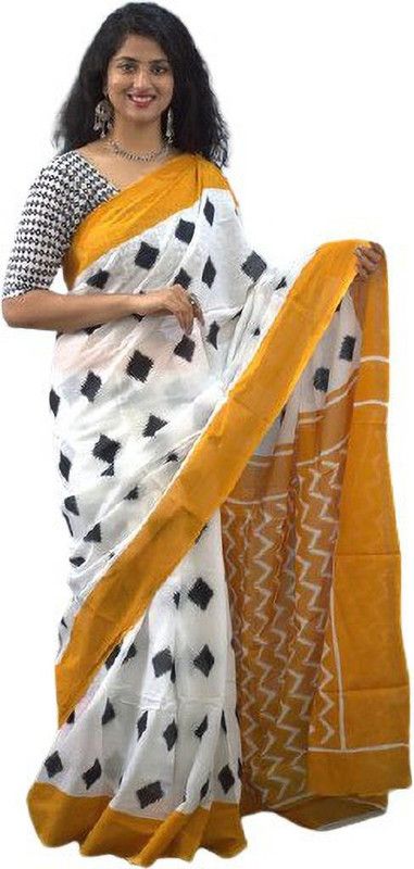 Printed, Self Design, Hand Painted, Blocked Printed, Graphic Print Ikkat Pure Cotton Saree  (White, Yellow)