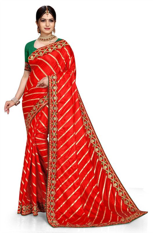 Striped Bollywood Silk Blend Saree  (Red)