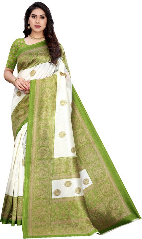 Kalamkari Art Silk Saree  (Green, White)