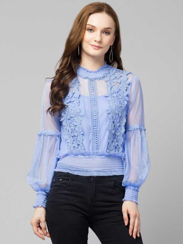 Casual Puff Sleeves Embroidered Women Light Blue Top